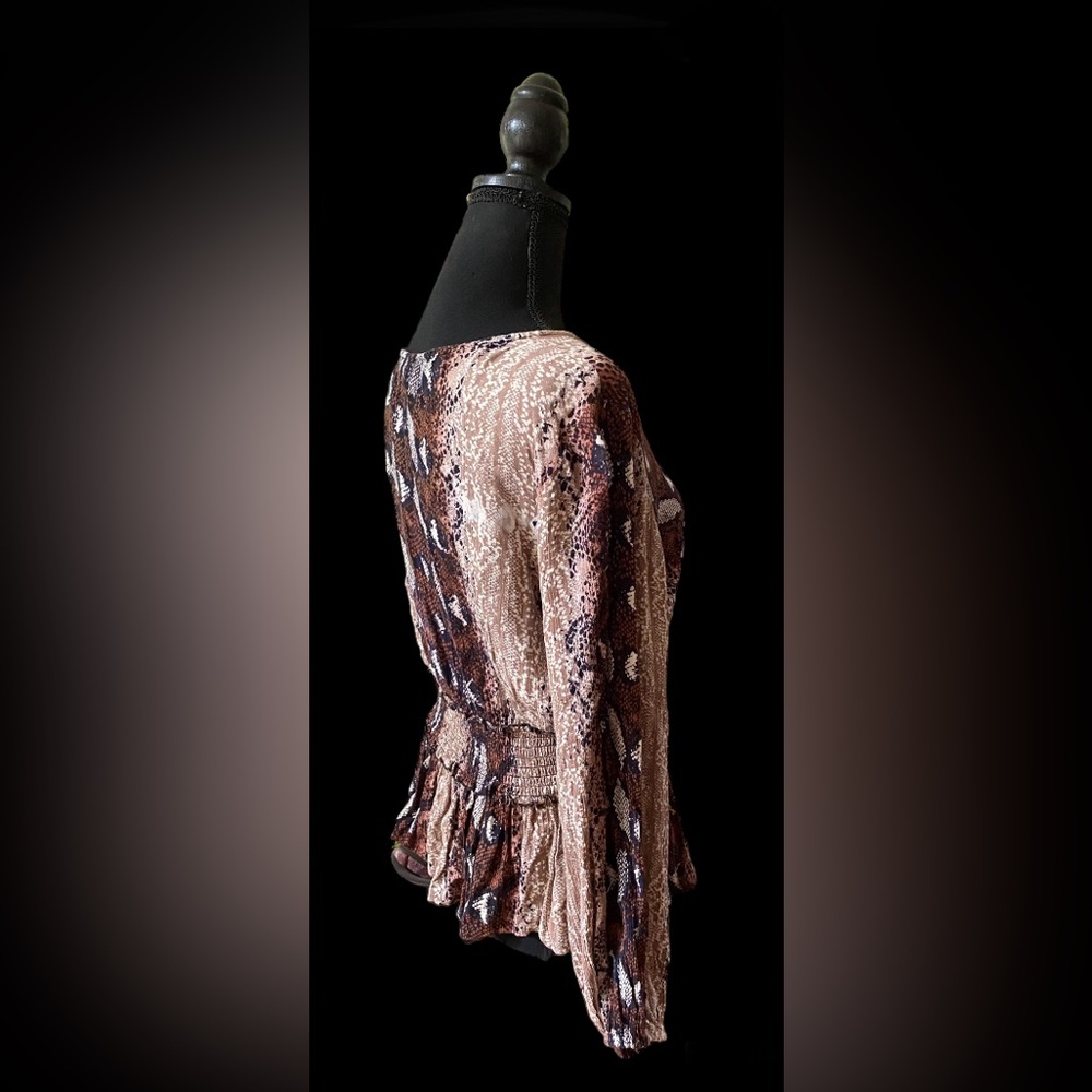 Angie: Brown, Black, Tan and White 100% Rayon Boho Snakeskin Blouse - Picture 4 of 17